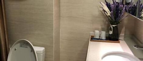 A bathroom with a toilet, sink, and mirror.