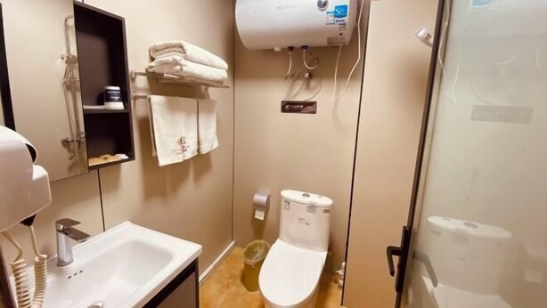 Un baño con lavamanos, inodoro, ducha y perchero para toallas.