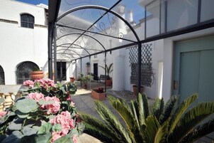Un espacio al aire libre techado, con plantas en macetas y una estructura metálica.