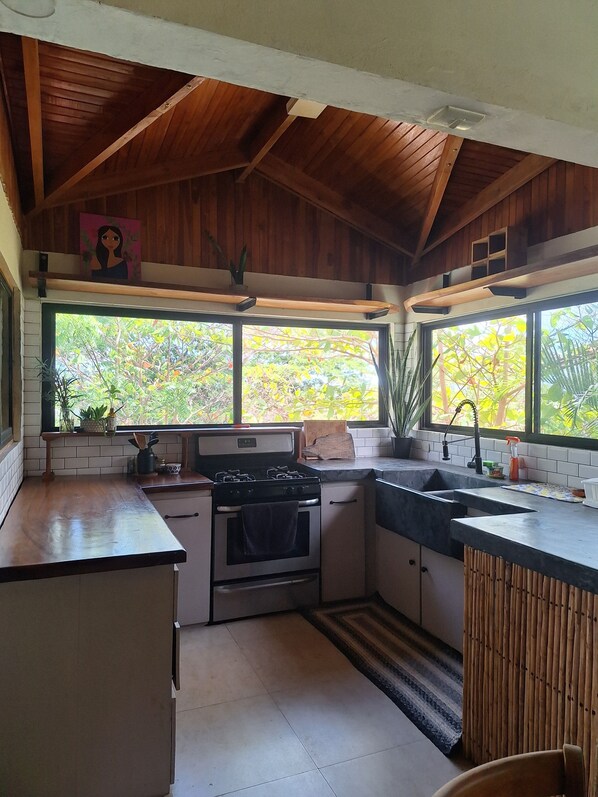 A kitchen with wooden beams, a stove, sink, and windows overlooking a garden.