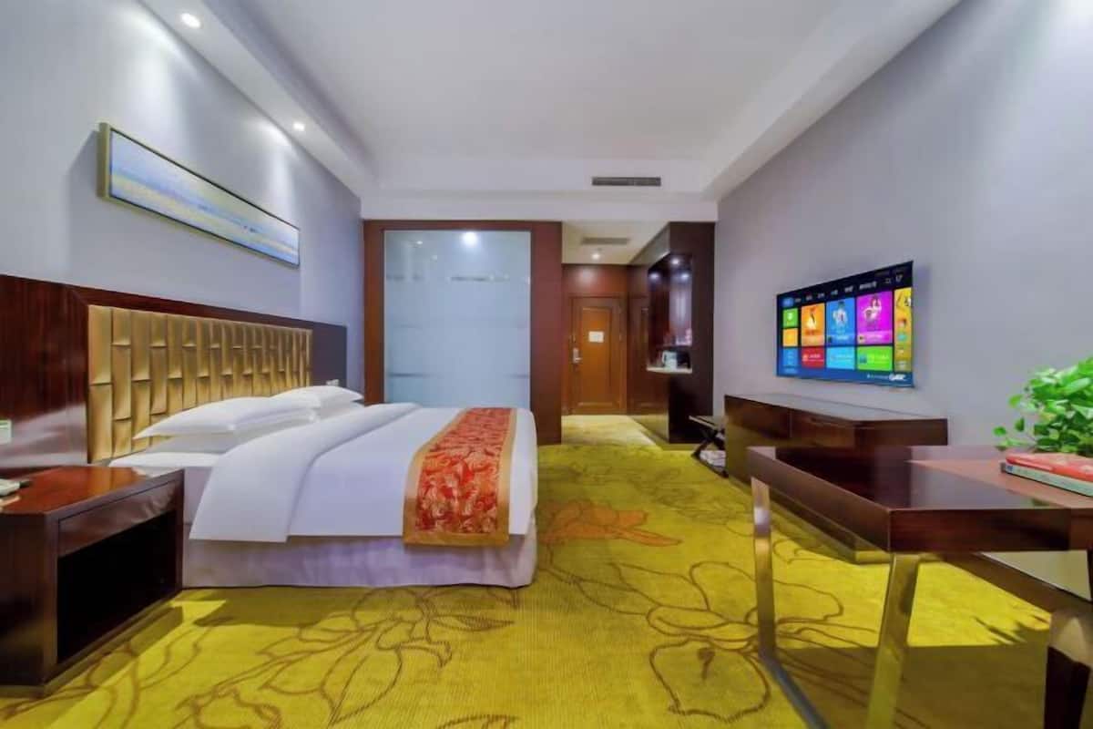 Una camera d'albergo con un letto, una scrivania, una televisione e un pavimento rivestito di moquette.