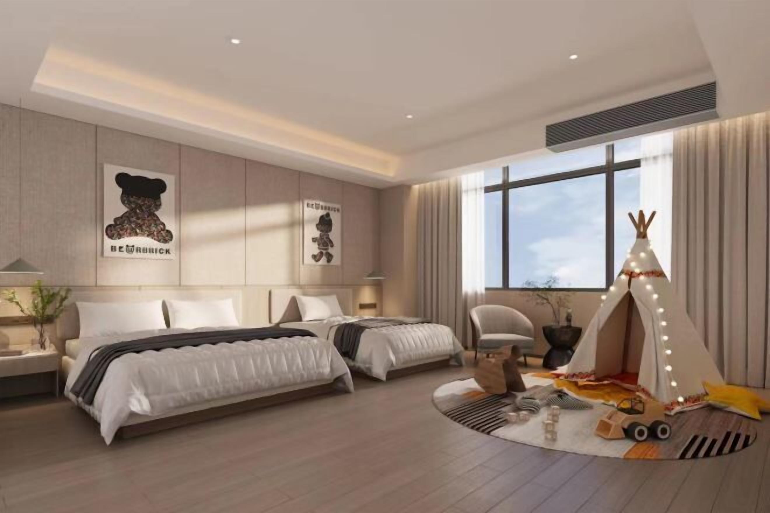 A modern hotel room with two beds, a large window, a tent, and a play area.