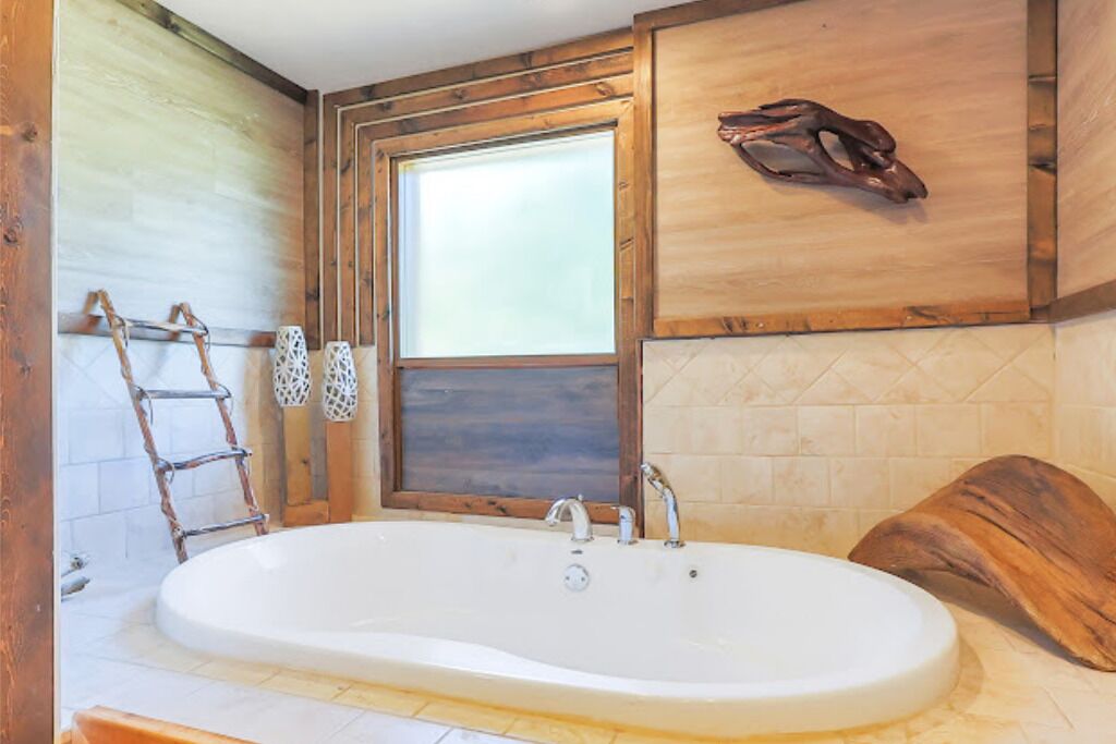 Jetted bath, hair dryer, bidet, towels