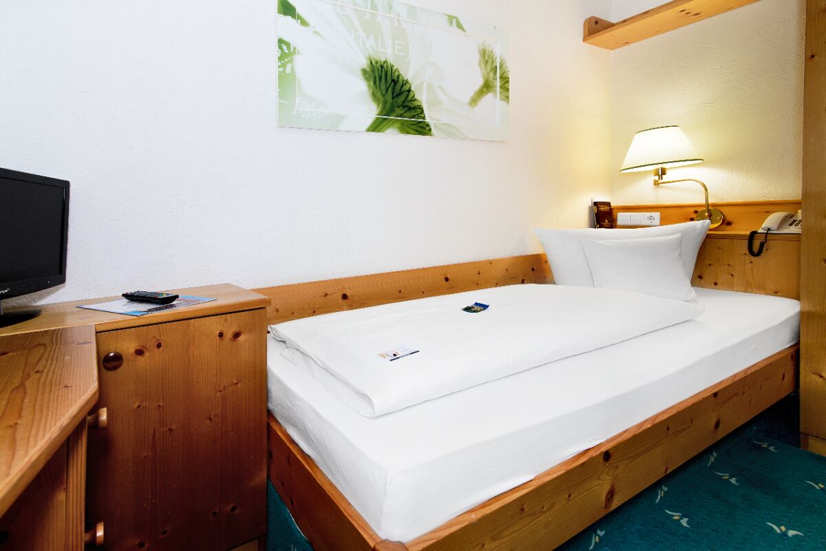 A single bed with a wooden frame, a bedside table with a lamp, a TV, and a wall-mounted artwork.