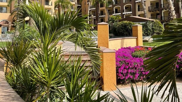 A hotel with multiple floors, balconies, and a courtyard with palm trees and flowers.