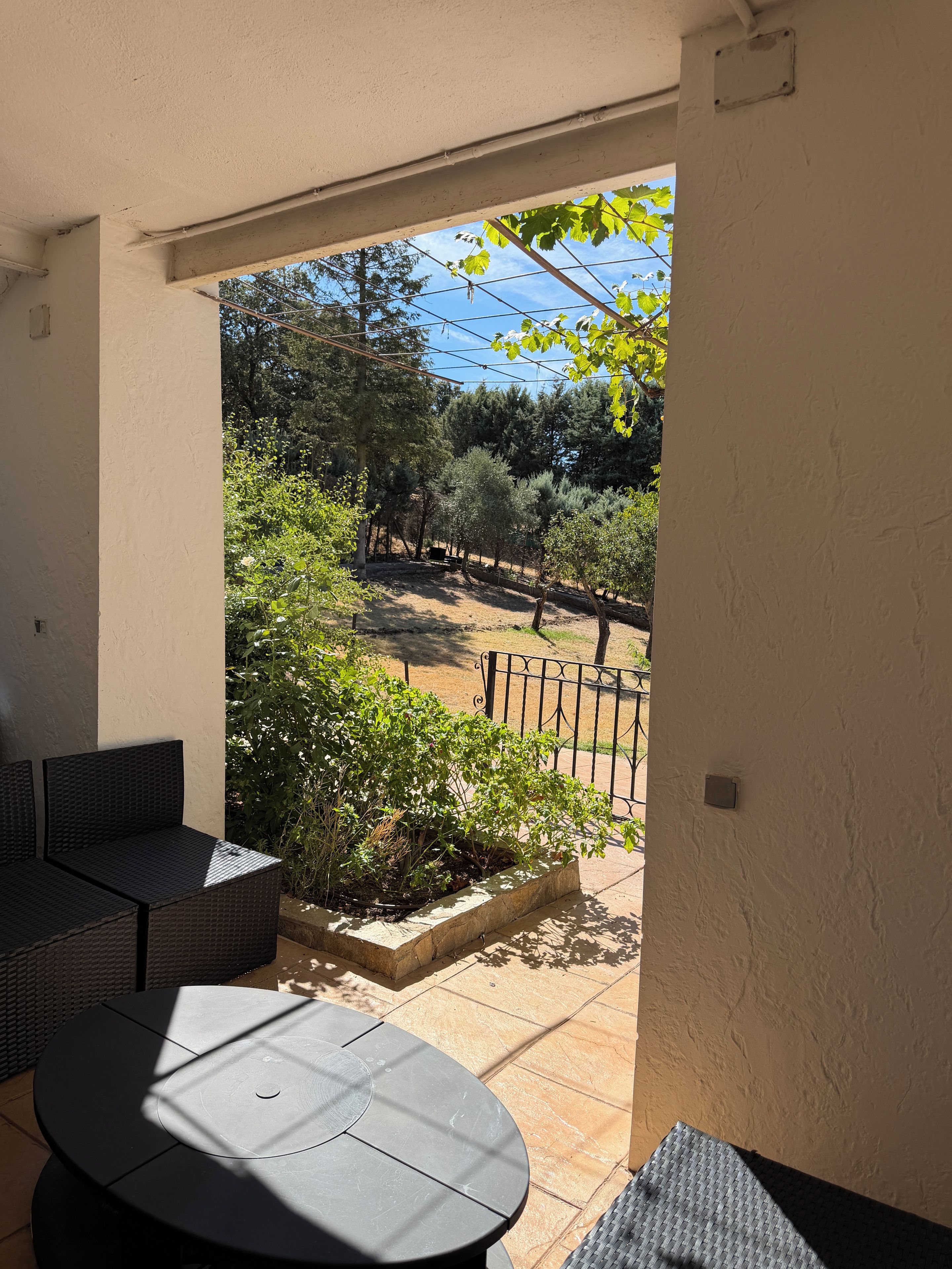 An outdoor patio with a round table and two chairs, a view of a garden with trees and a fence, and a clear sky.