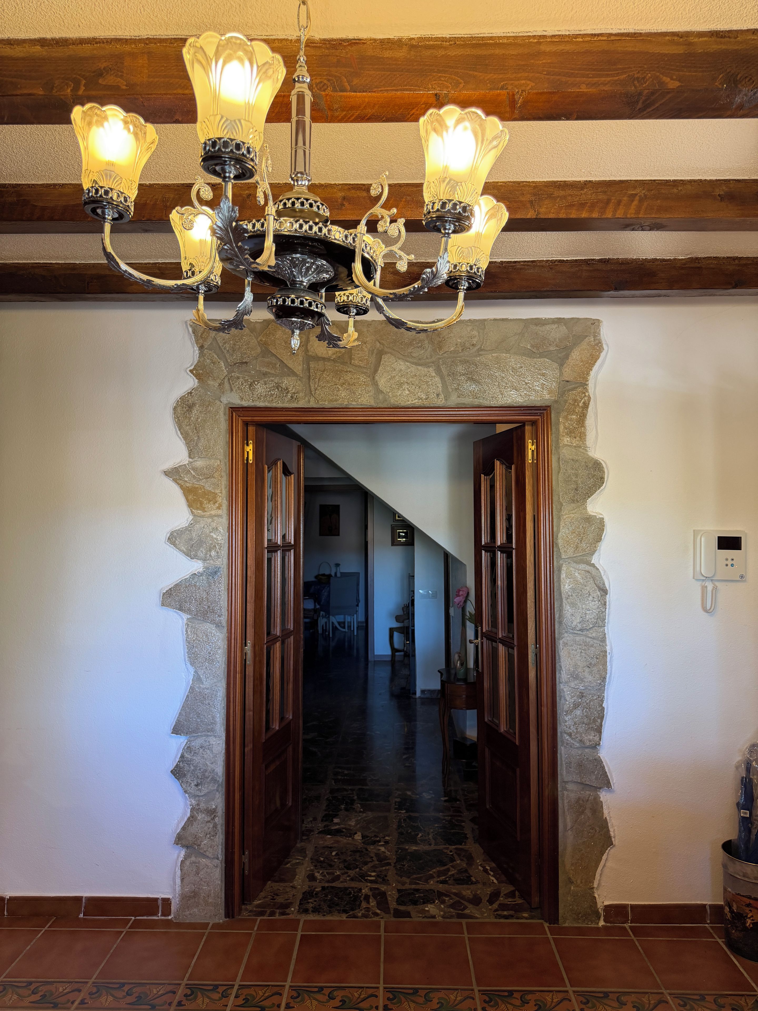 Un arco de piedra que da acceso a un pasillo con una araña y un teléfono en la pared.