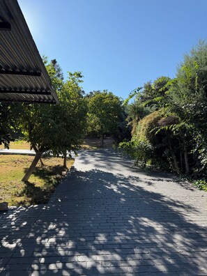 A paved pathway flanked by trees and shrubs, leading to a building with a corrugated metal roof. - Apartment in a country house with a pool near Madrid | Children and pets welcome (Sotolargo)