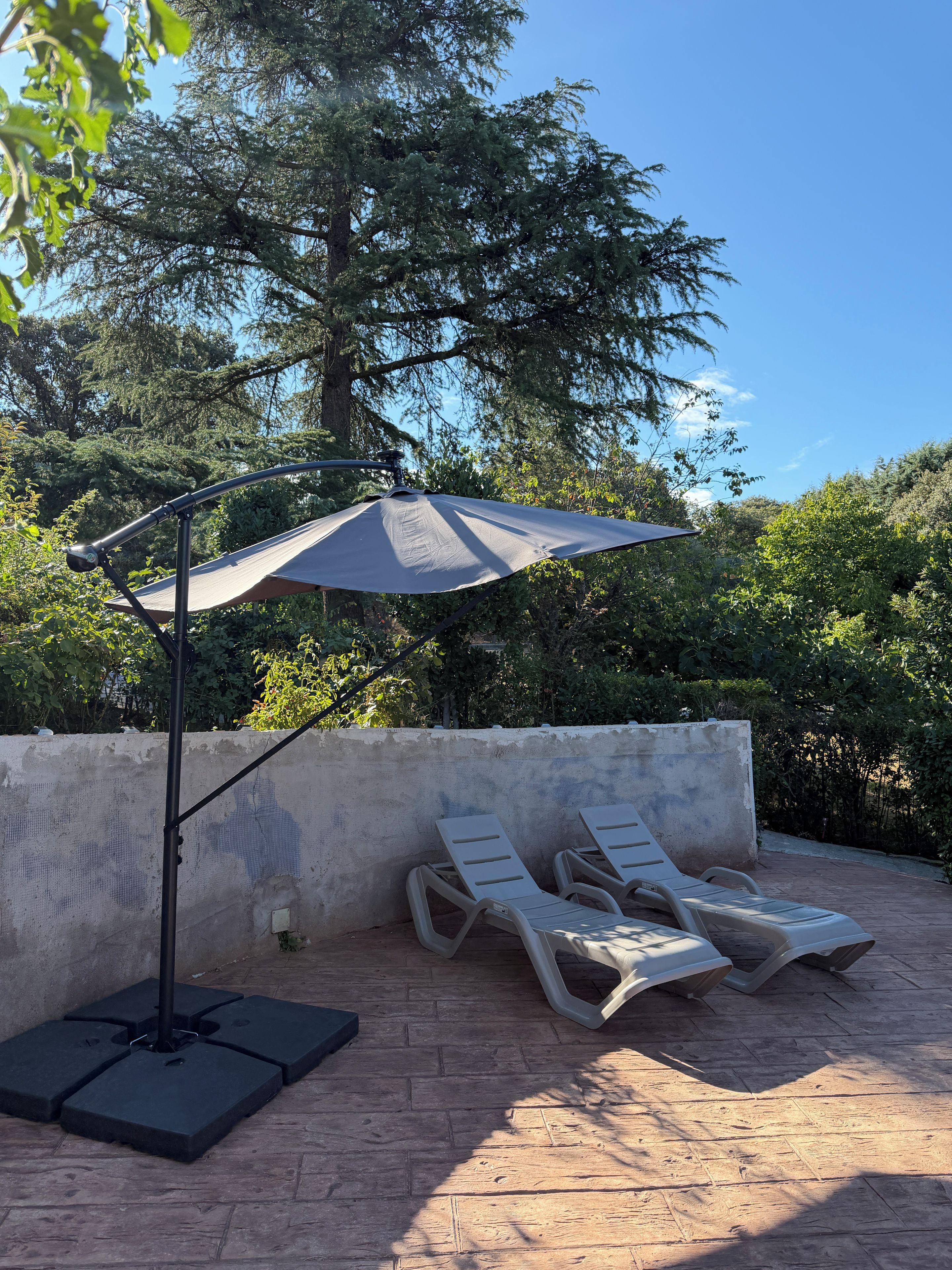 Un espace patio avec un parasol, deux chaises longues et un sol en briques.