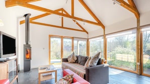 A spacious living room with a high ceiling, a fireplace, a sofa, a television, and large windows. - 1 bedroom accommodation in Llandeilo (Llandeilo)