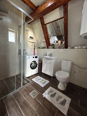 A modern bathroom with a glass-enclosed shower, a washing machine, a toilet, and a sink. - Vila Sarigora - charming 2-bedroom cottage in fabulous Žabljak (Žabljak)