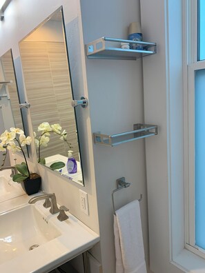 Un baño con un lavamanos blanco, un espejo, una orquídea en maceta y dos estanterías azules.