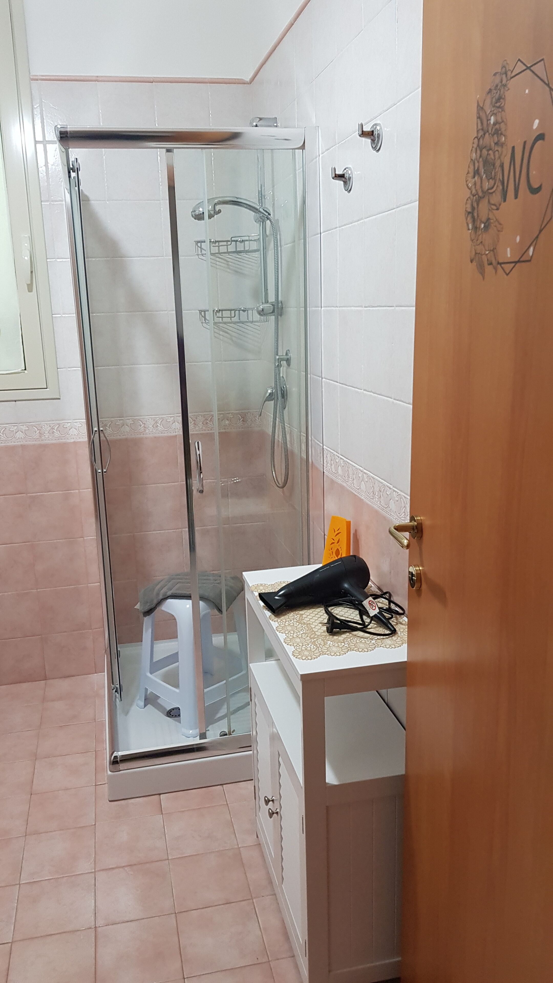 Shower, hair dryer, bidet, towels