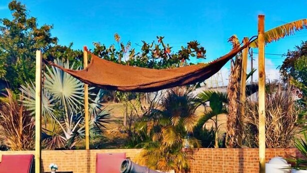 Un espace piscine agrémenté d’un élément décoratif aquatique, de chaises longues et d’un mur en briques.