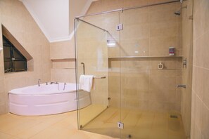 Douche, baignoire à jets, bidet, serviettes fournies