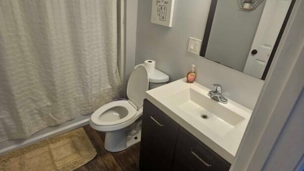 A bathroom with a toilet, sink, and mirror. - The Duo-Loft at Mt. Pleasant 2BR, Laundry, Parking (Providence)