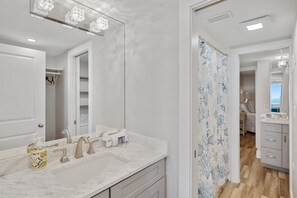 Hair dryer, towels, soap, toilet paper