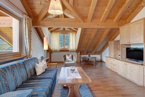 Une pièce confortable de style loft, avec un plafond en bois, un canapé, une table à manger, un téléviseur et une vue sur l’extérieur.