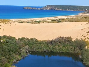 Un paisaje costero con una playa arenosa, una masa de agua tranquila y acantilados rocosos a lo lejos.