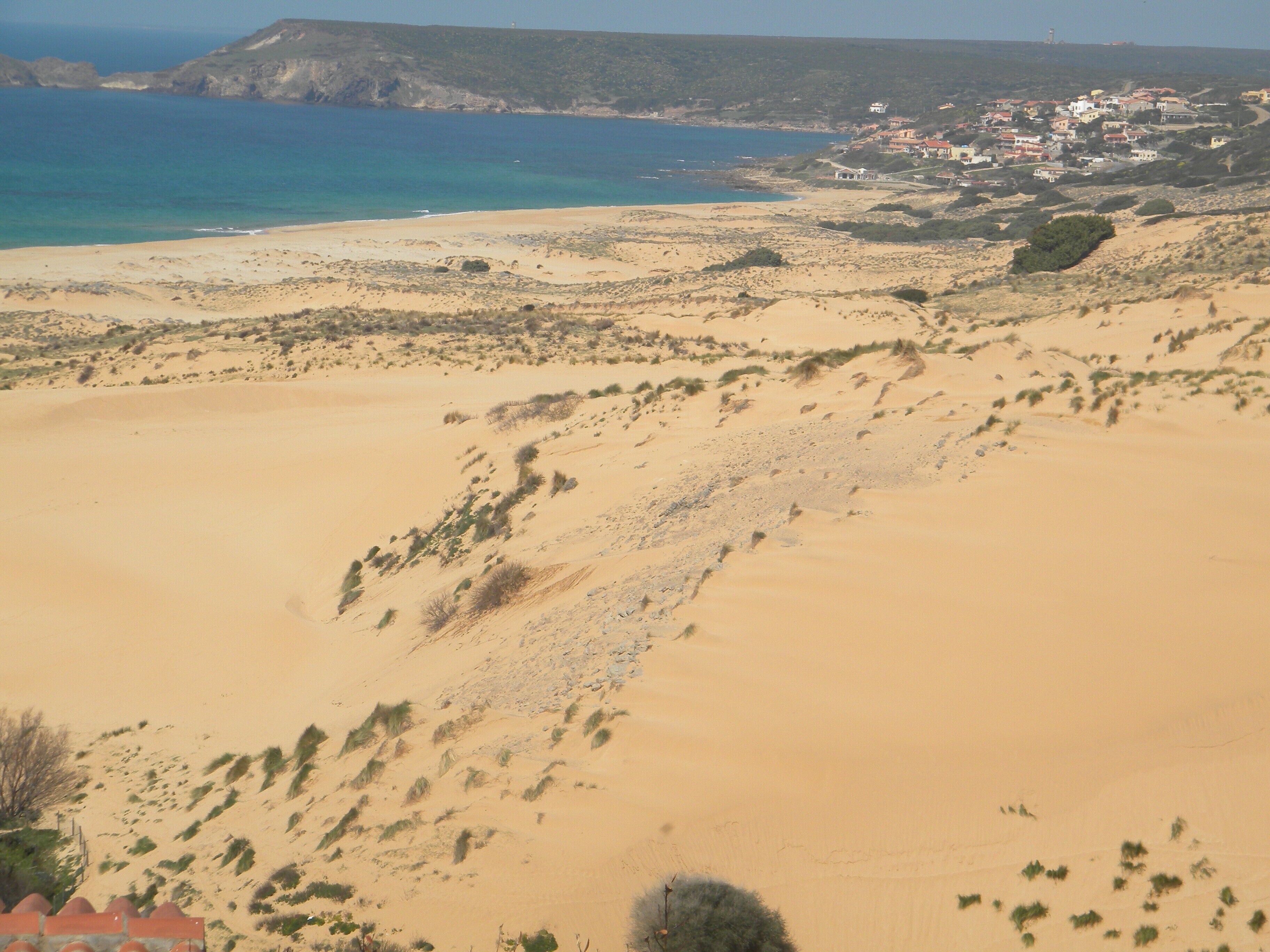 A coastal landscape with sand dunes, a beach, and a distant settlement.