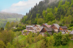 A cluster of traditional wooden houses with sloped roofs, surrounded by lush greenery and a forested hillside.