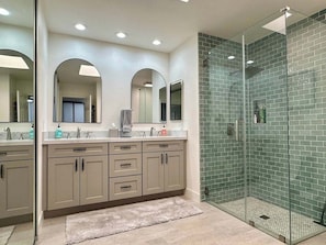 Hair dryer, towels, soap, shampoo