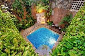 Una piscina rodeada de exuberante vegetación y un muro de ladrillo.
