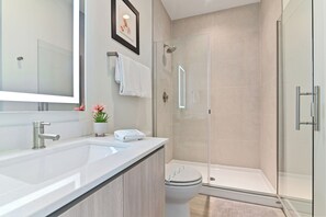 Shower, hair dryer, towels, soap