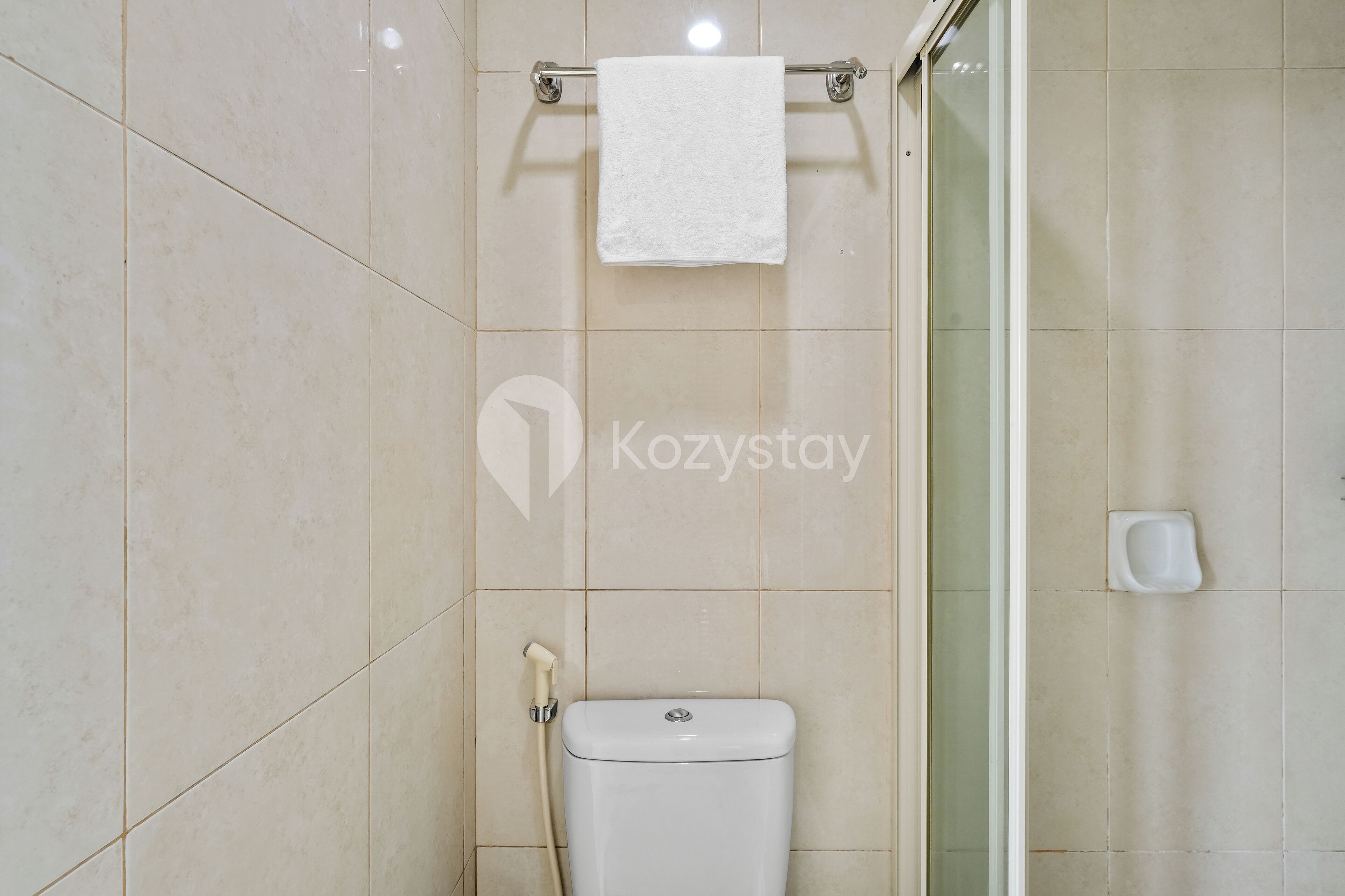 A bathroom with a toilet, a towel rack, and a glass shower enclosure.