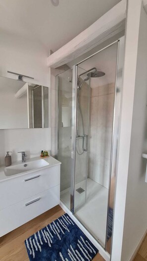 Shower, towels, soap, toilet paper