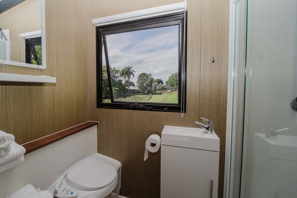 A bathroom with a toilet, a sink, a mirror, and a window with a view of a green landscape.