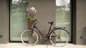 Una bicicleta con una canasta y flores, estacionada frente a un edificio de amplias ventanas.