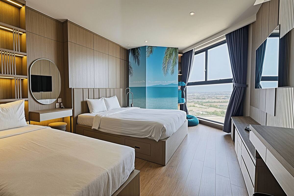 Une chambre d’hôtel moderne avec deux lits, une grande fenêtre donnant sur la mer, un miroir rond et un mur revêtu de panneaux en bois.