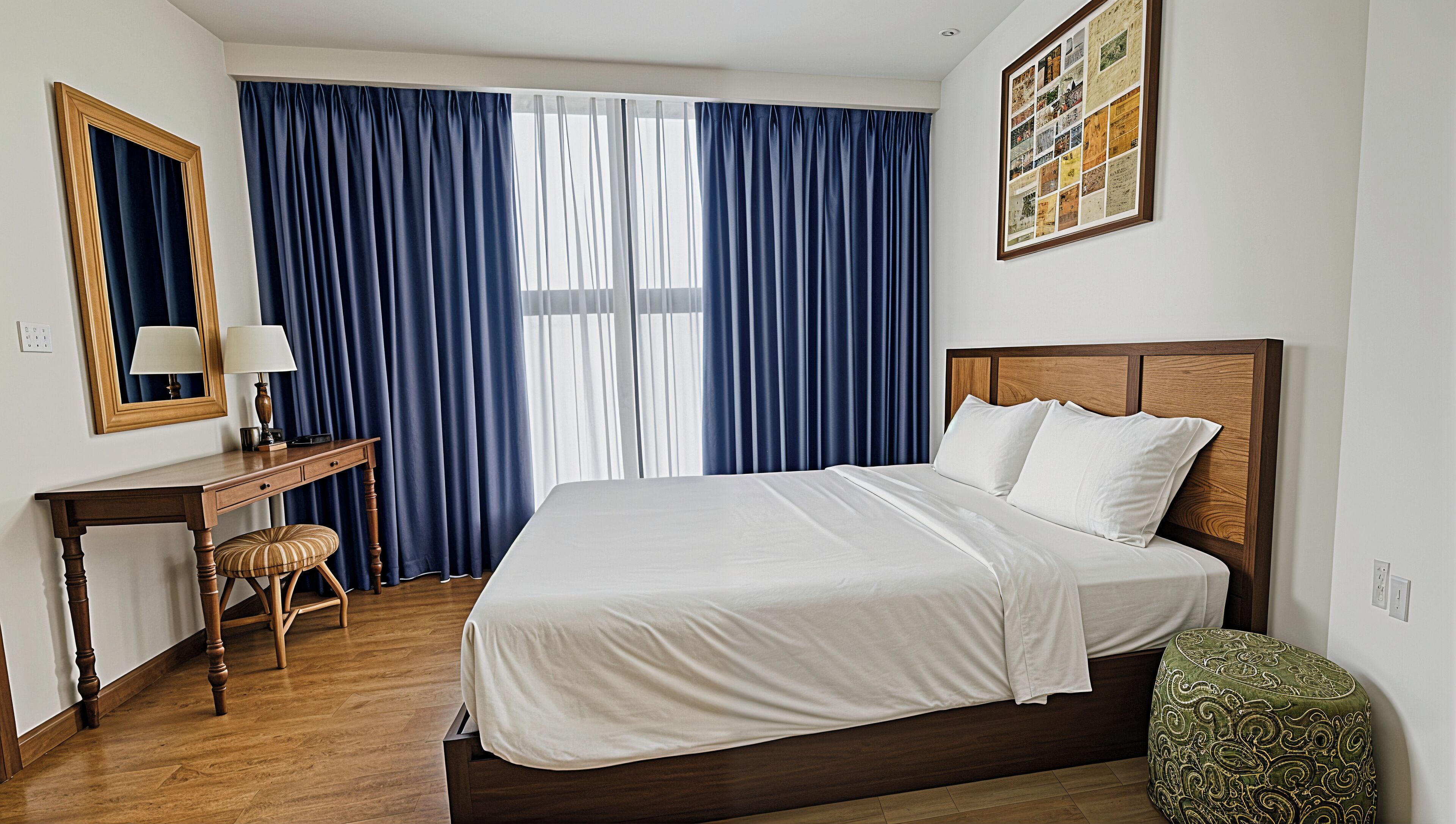 A hotel room with a bed, a desk with a lamp, a chair, and a large window with curtains.