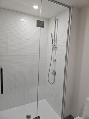 Douche, séchoir à cheveux, serviettes fournies, savon