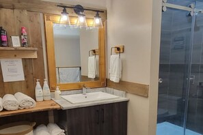 Douche, sèche-cheveux, serviettes fournies, savon