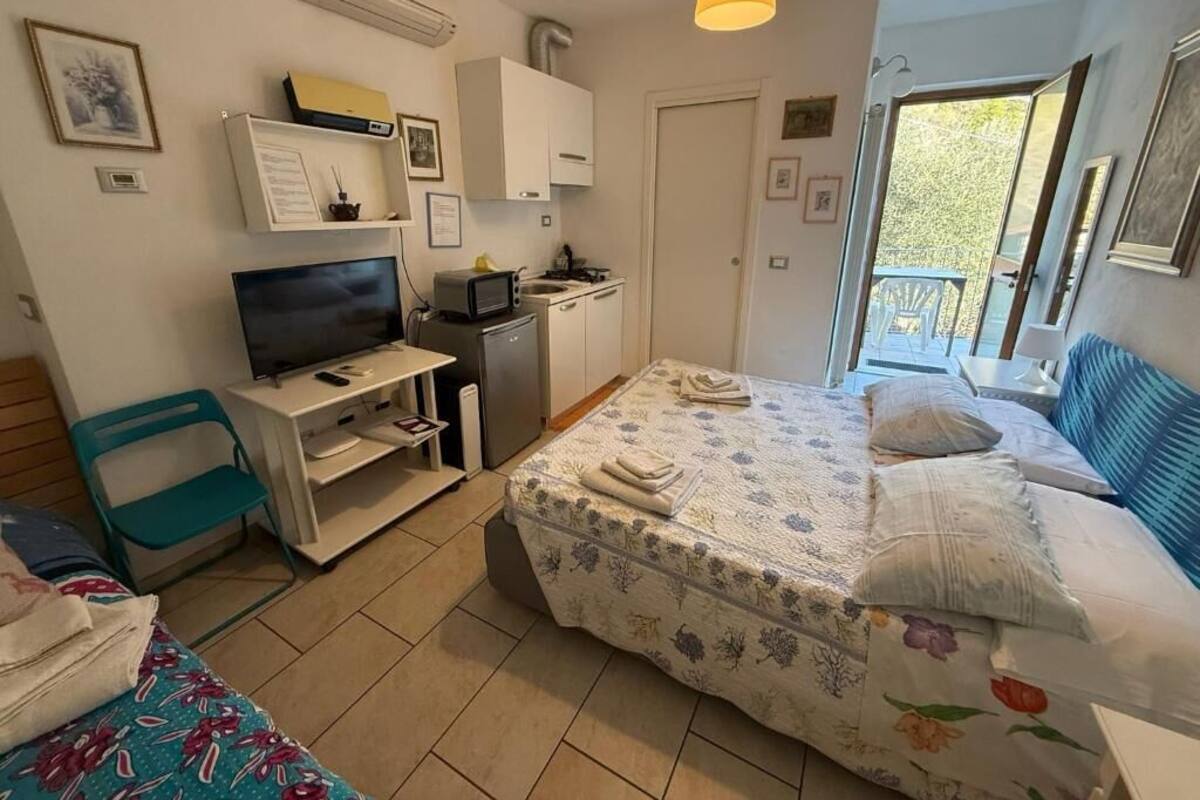 Une chambre compacte comprenant un lit, un bureau avec un ordinateur, une petite kitchenette et un balcon.