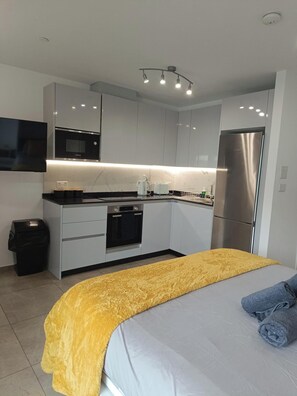 Fridge, microwave, oven, coffee/tea maker
