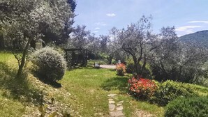 A garden with a stone path, benches, and a gazebo. - Elegante villa con piscina a soli 12 km da Firenze ideale per famiglie e gruppi (Toscana)