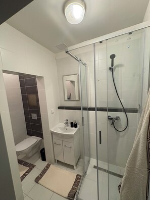 Shower, hair dryer, towels, soap