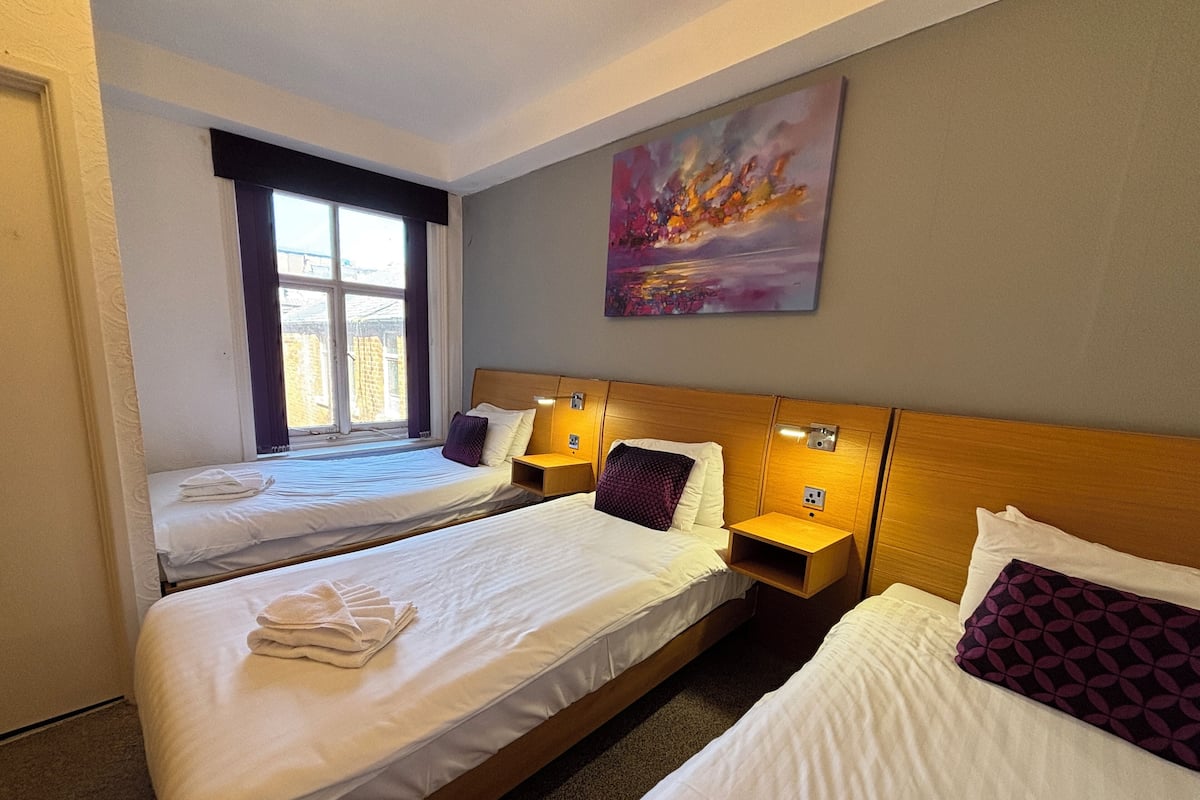 Habitación de hotel con dos camas individuales, una ventana con cortinas, un cuadro en la pared y una mesita de noche con lámpara.