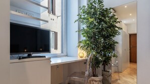 Une cuisine moderne avec un grand téléviseur, une plante en pot et un miroir qui reflète la pièce.
