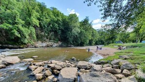 A river with rocks in the foreground, surrounded by lush greenery and trees. - Gîte "Le Causse (Saint-Chels)