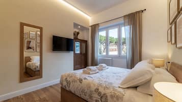 Una camera da letto con un letto, una TV a schermo piatto, uno specchio, una finestra con tende e un termosifone.