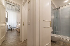 Shower, hair dryer, bidet, towels