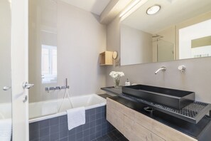 Shower, hair dryer, bidet, towels