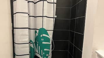 Shower, towels, soap, toilet paper