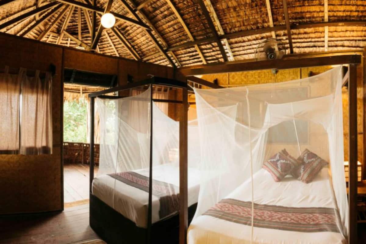 A room with a thatched roof, wooden walls, and a bed with a mosquito net.