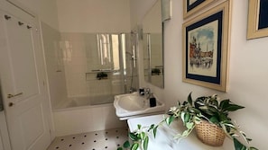Hair dryer, bidet, towels, soap