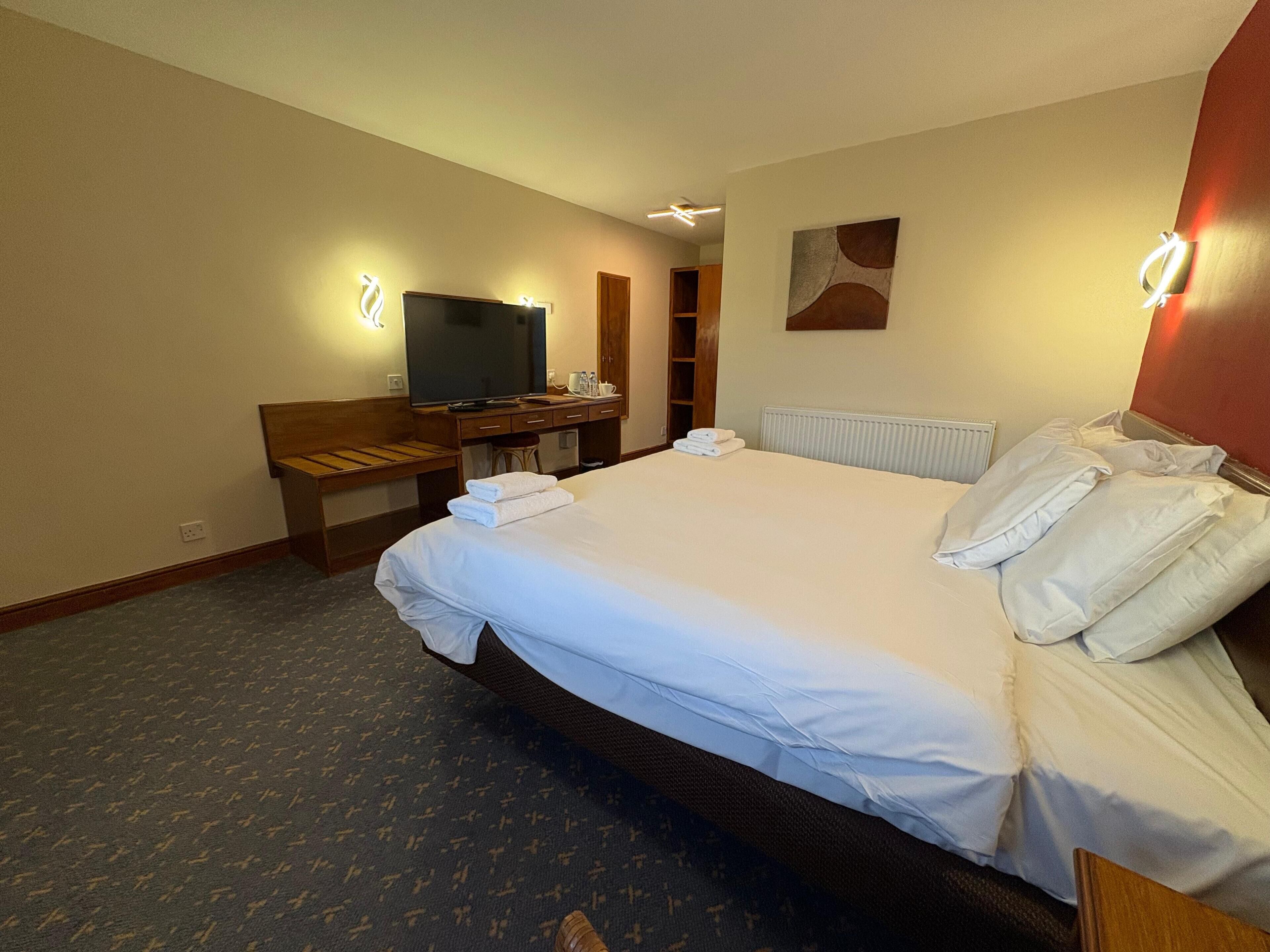 A hotel room with a large bed, a television, a desk with a chair, and a radiator.